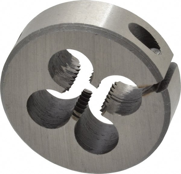 Interstate - M10x1.50 Metric Coarse Thread, 1-1/2" Outside Diam High Speed Steel Round Die - 1/2" Thick, Left Hand Thread, Adjustable - Exact Tooling