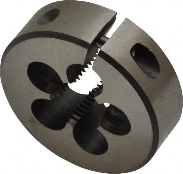 Interstate - M12x1.25 Metric Fine Thread, 1-1/2" Outside Diam High Speed Steel Round Die - 1/2" Thick, Left Hand Thread, Adjustable - Exact Tooling