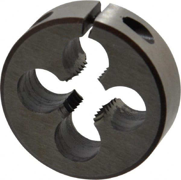 Interstate - M12x1.75 Metric Coarse Thread, 1-1/2" Outside Diam High Speed Steel Round Die - 1/2" Thick, Left Hand Thread, Adjustable - Exact Tooling