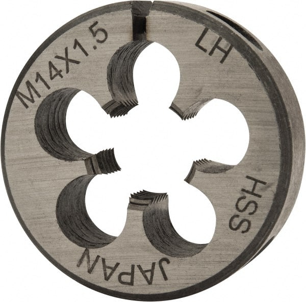 Interstate - M14x1.50 Metric Fine Thread, 1-1/2" Outside Diam High Speed Steel Round Die - 1/2" Thick, Left Hand Thread, Adjustable - Exact Tooling