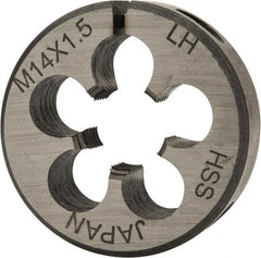 Interstate - M14x1.50 Metric Fine Thread, 1-1/2" Outside Diam High Speed Steel Round Die - 1/2" Thick, Left Hand Thread, Adjustable - Exact Tooling