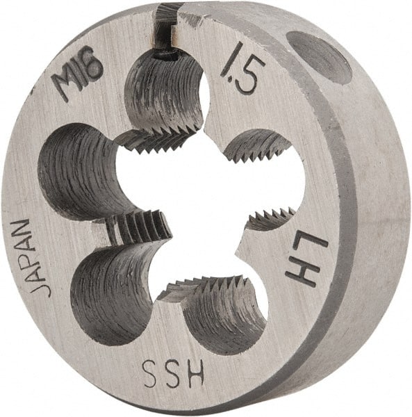 Interstate - M16x1.50 Metric Fine Thread, 1-1/2" Outside Diam High Speed Steel Round Die - 1/2" Thick, Left Hand Thread, Adjustable - Exact Tooling