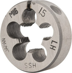 Interstate - M16x1.50 Metric Fine Thread, 1-1/2" Outside Diam High Speed Steel Round Die - 1/2" Thick, Left Hand Thread, Adjustable - Exact Tooling