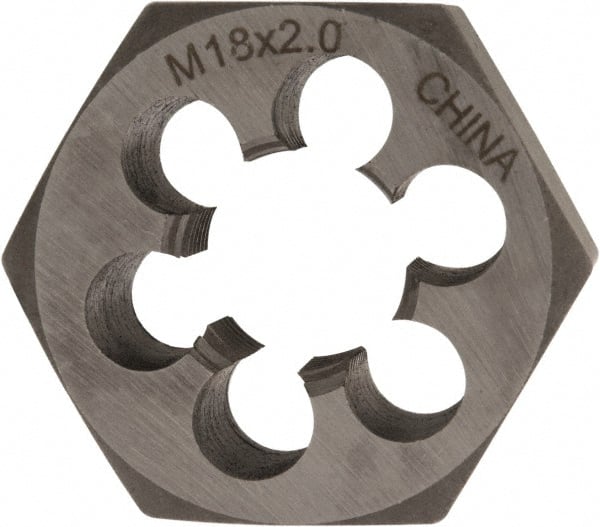 Interstate - M18x2.00 Metric Fine Thread, 1-7/16" Hex, Right Hand Thread, Hex Rethreading Die - Carbon Steel, 3/4" Thick - Exact Tooling