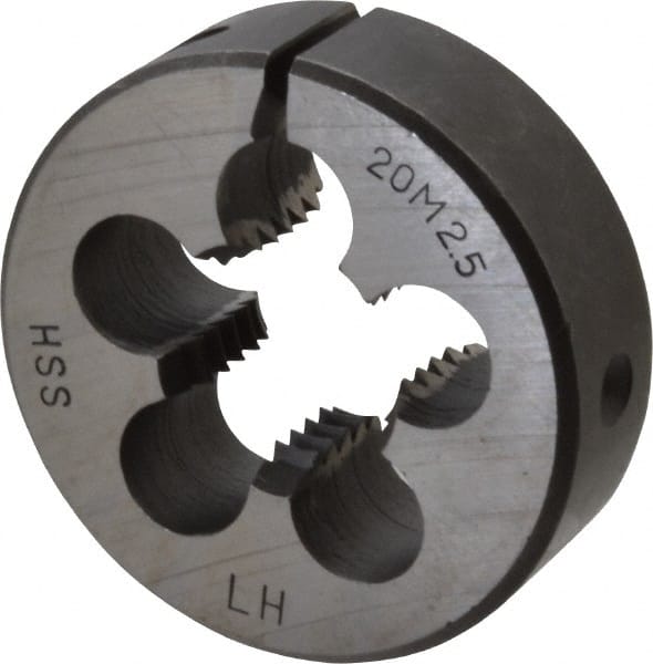 Interstate - M20x2.50 Metric Coarse Thread, 2" Outside Diam High Speed Steel Round Die - 5/8" Thick, Left Hand Thread, Adjustable - Exact Tooling