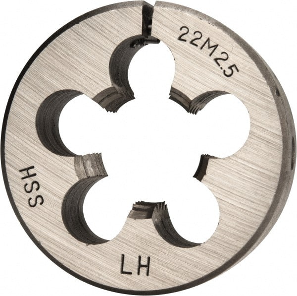 Interstate - M22x2.50 Metric Coarse Thread, 2" Outside Diam High Speed Steel Round Die - 5/8" Thick, Left Hand Thread, Adjustable - Exact Tooling