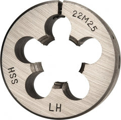 Interstate - M22x2.50 Metric Coarse Thread, 2" Outside Diam High Speed Steel Round Die - 5/8" Thick, Left Hand Thread, Adjustable - Exact Tooling