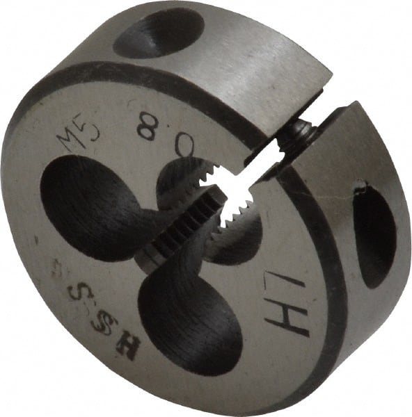 Interstate - M5x0.80 Metric Coarse Thread, 1" Outside Diam High Speed Steel Round Die - 3/8" Thick, Left Hand Thread, Adjustable - Exact Tooling
