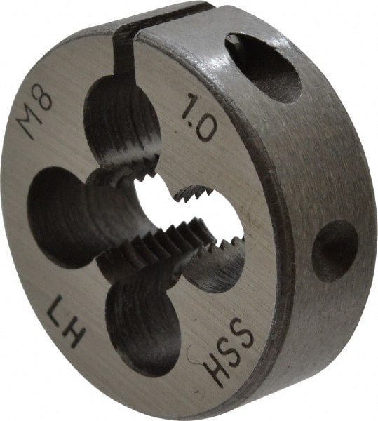 Interstate - M8x1.00 Metric Fine Thread, 1" Outside Diam High Speed Steel Round Die - 3/8" Thick, Left Hand Thread, Adjustable - Exact Tooling