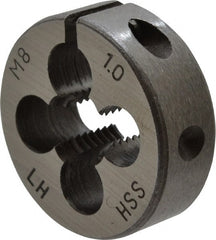 Interstate - M8x1.00 Metric Fine Thread, 1" Outside Diam High Speed Steel Round Die - 3/8" Thick, Left Hand Thread, Adjustable - Exact Tooling
