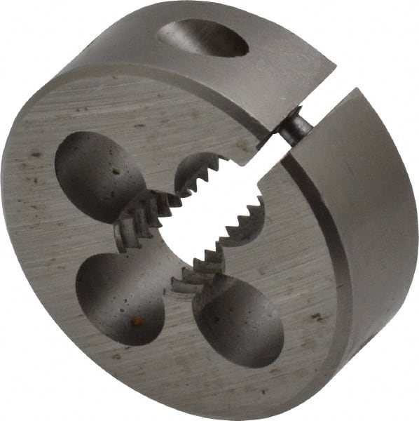 Interstate - M8x1.25 Metric Coarse Thread, 1" Outside Diam High Speed Steel Round Die - 3/8" Thick, Left Hand Thread, Adjustable - Exact Tooling