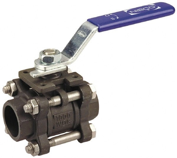 NIBCO - 1/2" Pipe, Full Port, Carbon Steel Standard Ball Valve - 3 Piece, Inline - One Way Flow, Socket Weld x Socket Weld Ends, Locking Lever Handle, 1,000 WOG - Exact Tooling