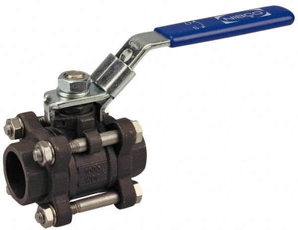 NIBCO - 2" Pipe, Full Port, Carbon Steel Standard Ball Valve - 3 Piece, Inline - One Way Flow, Socket Weld x Socket Weld Ends, Locking Lever Handle, 1,000 WOG - Exact Tooling