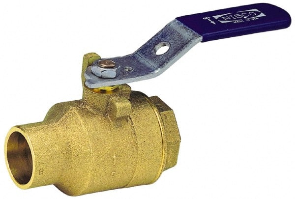 NIBCO - 1-1/2" Pipe, Full Port, Bronze Standard Ball Valve - 2 Piece, Inline - One Way Flow, FNPT x Soldered Ends, Lever Handle, 600 WOG, 150 WSP - Exact Tooling