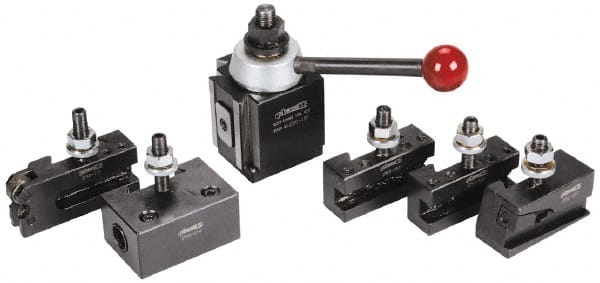 Phase II - Series CA Tool Post Holder & Set for 14 to 20" Lathe Swing - 6 Piece, Includes Style 1 Holder, Style 10 Holder, Style 2 Holder, Style 4 Holder, Style 7 Holder, Tool Post - Exact Tooling