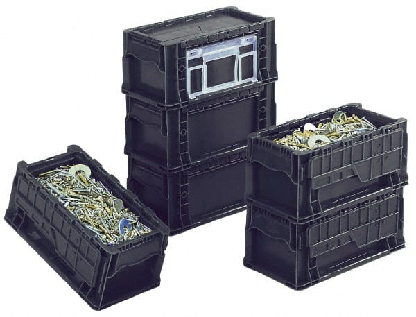 Orbis - 40 Lb Load Capacity Black Polyethylene Attached-Lid Container - Stacking, 14" Long x 7-1/2" Wide x 6.6" High, Lid Included - Exact Tooling