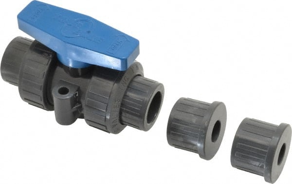 Plast-O-Matic - 1/2" Pipe, Full Port, PVC True Union Design Ball Valve - Inline - Two Way Flow, FNPT x FNPT Ends, Tee Handle, 175 WOG - Exact Tooling