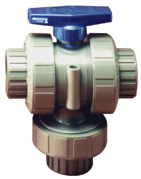 Plast-O-Matic - 2" Pipe, PVC True Union Design Ball Valve - Three Way, FNPT x FNPT x FNPT Ends, Tee Handle, 175 WOG - Exact Tooling