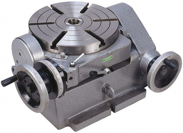 Phase II - 299.97mm Table Diam, Horizontal Tilting Rotary Machining Table - 168.91mm Centerline Height, 1.6" Bore Diam, 4MT Center Taper, 13.97mm T-Slot Width, 90:1 Gear Ratio - Exact Tooling