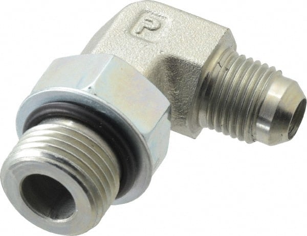 Parker - 3/8" Tube OD, 37° Steel Flared Tube Straight Thread Elbow - 3/4 UNF, Flare x SAE-ORB Ends - Exact Tooling