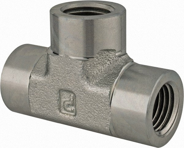 Parker - 3/8 Female Thread, Zinc Plated Steel Industrial Pipe Female Tee - FNPTF, 4,500 psi - Exact Tooling