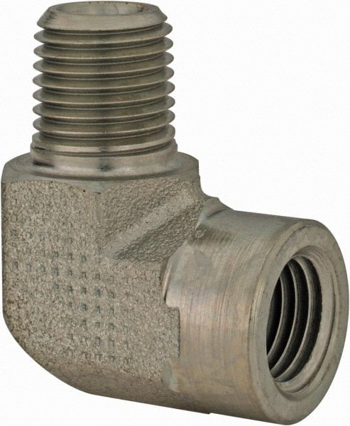 Parker - 1/2 Male Thread x 1/2 Female Thread, Zinc Plated Steel Industrial Pipe 90° Street Elbow - MNPTF x FNPTF, 3,000 psi - Exact Tooling