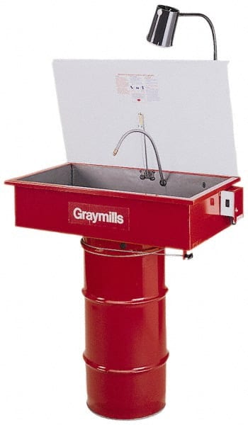 Graymills - Drum Mount Solvent-Based Parts Washer - 10 Gal Max Operating Capacity, Steel Tank, 65" High x 32" Long x 18" Wide, 115 Input Volts - Exact Tooling