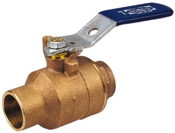 NIBCO - 3/4" Pipe, Full Port, Bronze Standard Ball Valve - 2 Piece, Inline - One Way Flow, Soldered x Soldered Ends, Locking Lever Handle, 600 WOG, 150 WSP - Exact Tooling