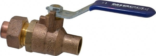 NIBCO - 1/2" Pipe, Full Port, Bronze Single Union Ends Ball Valve - 2 Piece, Inline - One Way Flow, Soldered x Soldered Ends, Lever Handle, 600 WOG, 150 WSP - Exact Tooling