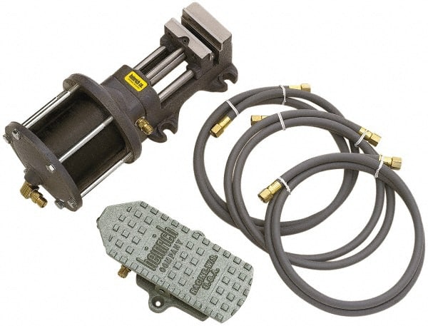 Heinrich - 4" Jaw Width, 5" Jaw Opening Capacity, Horizontal Stationary Machine Vise - Air Operation, 1 Station, 5-3/8" High x 1-5/16" Deep, 13/16" Jaw Height - Exact Tooling