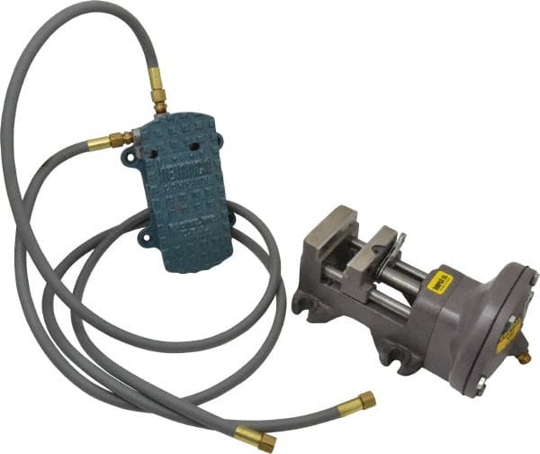 Heinrich - 3" Jaw Width, 3-1/8" Jaw Opening Capacity, Horizontal Stationary Machine Vise - Air Operation, 1 Station, 6-1/8" Long x 5-3/8" High x 1-1/4" Deep - Exact Tooling