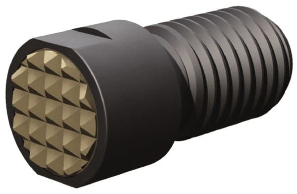 Fairlane - Serrated Tooth, 5/8-18, 1/4" Internal Hex, 1" Shank Length, 1" Thread Length, Black Oxide Finish, Round Head, Adjustable Positioning Gripper - 5/8" Pad Diam, 3/4" Hex, 1/4" Head Height, Fine Tooth Grade - Exact Tooling