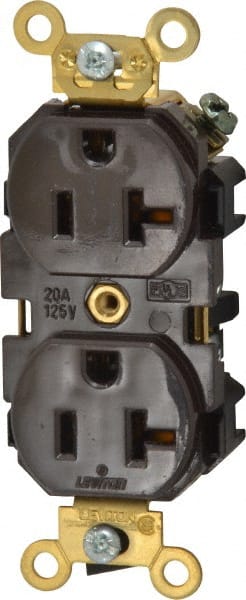 Leviton - 125 VAC, 20 Amp, 5-20R NEMA Configuration, Brown, Industrial Grade, Self Grounding Duplex Receptacle - 1 Phase, 2 Poles, 3 Wire, Flush Mount, Tamper Resistant - Exact Tooling