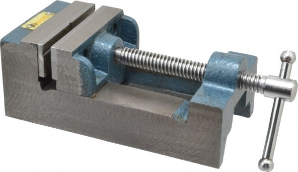 Interstate - 3-5/16" Jaw Opening Capacity x 1-7/64" Throat Depth, Horizontal Drill Press Vise - 3-1/2" Wide x 1.1" High Jaw, Stationary Base, Standard Speed, 8-1/2" OAL x 2-3/4" Overall Height, Cast Iron - Exact Tooling
