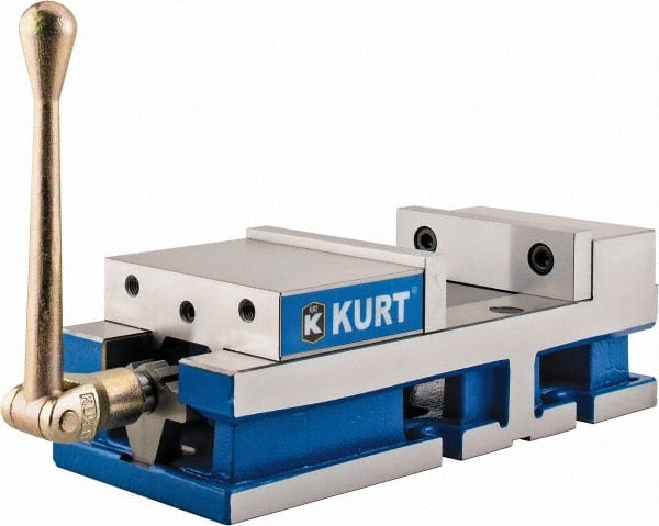 Kurt - 6" Jaw Width, 6" Jaw Opening Capacity, Horizontal Stationary Machine Vise - Manual Operation, 6,356 Lb Capacity, 1 Station, 17" Long x 4.6720" High x 1-31/64" Deep, 1.735" Jaw Height, 80 Lb Max Clamp Force - Exact Tooling