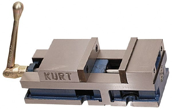 Kurt - 6" Jaw Width, 6" Jaw Opening Capacity, Horizontal Stationary Machine Vise - Air Operation, 5,000 Lb Capacity, 1 Station, 17" Long x 4.6720" High x 1-31/64" Deep, 1.735" Jaw Height, 100 psi Max Clamp Force - Exact Tooling