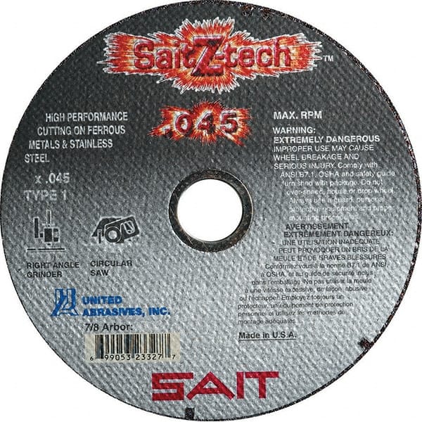 Sait - 4-1/2" Zirconia Alumina Cutoff Wheel - 0.045" Thick, 7/8" Arbor, 13,300 Max RPM, Use with Angle Grinders - Exact Tooling