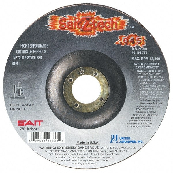 Sait - 6" Wheel Diam, 7/8" Arbor Hole, Type 27 Depressed Center Wheel - Zirconia Alumina, Resinoid Bond, 10,200 Max RPM, Compatible with Angle Grinder - Exact Tooling