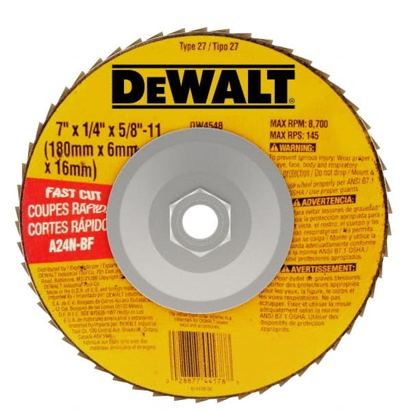 DeWALT - 24 Grit, 7" Wheel Diam, 1/4" Wheel Thickness, Type 27 Depressed Center Wheel - Aluminum Oxide, R Hardness, 8,700 Max RPM, Compatible with Angle Grinder - Exact Tooling