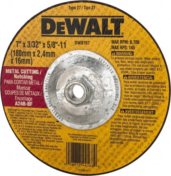 DeWALT - 24 Grit, 7" Wheel Diam, 3/32" Wheel Thickness, Type 27 Depressed Center Wheel - Aluminum Oxide, R Hardness, 8,700 Max RPM, Compatible with Angle Grinder - Exact Tooling
