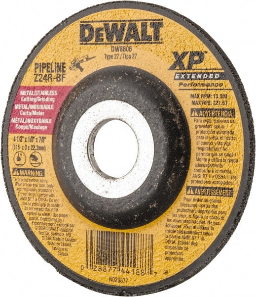 DeWALT - 24 Grit, 4-1/2" Wheel Diam, 1/8" Wheel Thickness, 7/8" Arbor Hole, Type 27 Depressed Center Wheel - Zirconia Alumina, R Hardness, 13,300 Max RPM, Compatible with Angle Grinder - Exact Tooling