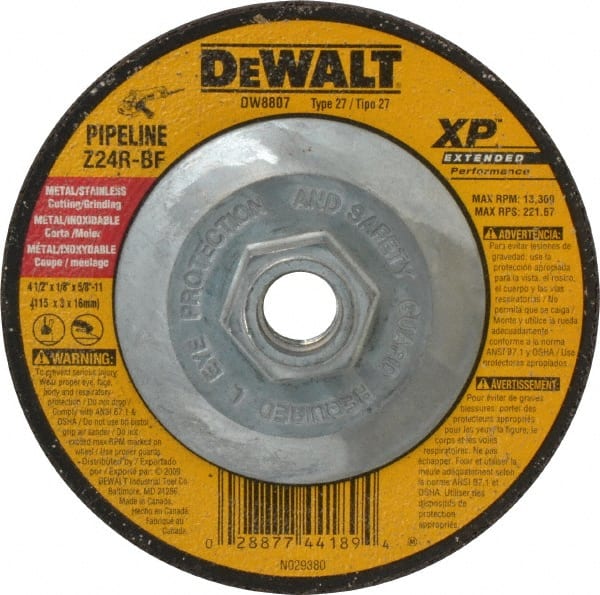 DeWALT - 24 Grit, 4-1/2" Wheel Diam, 1/8" Wheel Thickness, Type 27 Depressed Center Wheel - Zirconia Alumina, R Hardness, 13,300 Max RPM, Compatible with Angle Grinder - Exact Tooling