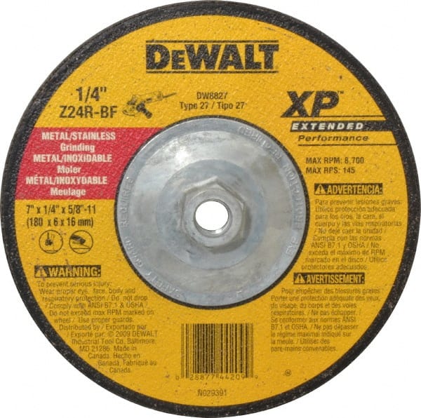 DeWALT - 24 Grit, 7" Wheel Diam, 1/4" Wheel Thickness, Type 27 Depressed Center Wheel - Zirconia Alumina, R Hardness, 8,700 Max RPM, Compatible with Angle Grinder - Exact Tooling