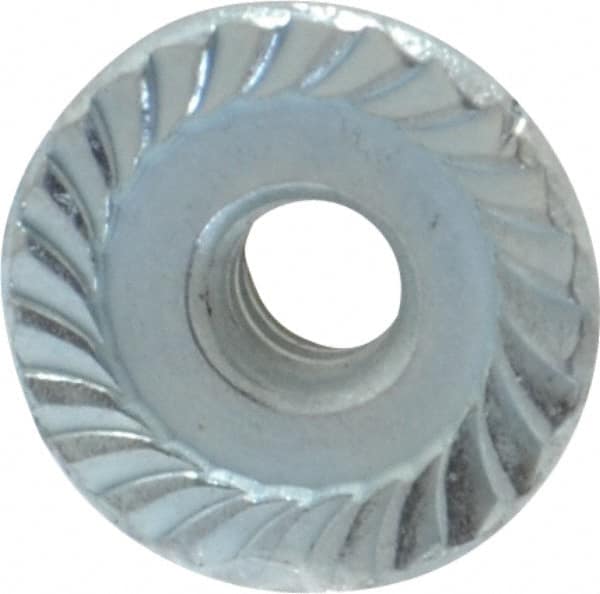 Value Collection - #6-32, 27/64" Flange Diam, Serrated Flange Nut - Grade Grade 2 Steel, Zinc-Plated Finish, 0.171" Flange Height - Exact Tooling