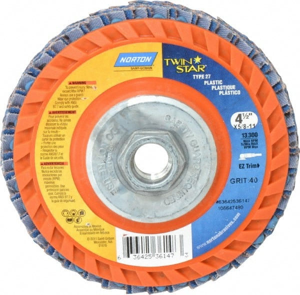 Norton - 40 Grit, 4-1/2" Disc Diam, 5/8-11 Center Hole, Type 27 Ceramic Flap Disc - 13,000 Max RPM, Plastic Backing, Arbor Attaching System, Coated - Exact Tooling