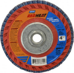 Norton - 80 Grit, 4-1/2" Disc Diam, 5/8-11 Center Hole, Type 27 Ceramic Flap Disc - 13,000 Max RPM, Plastic Backing, Arbor Attaching System, Coated - Exact Tooling