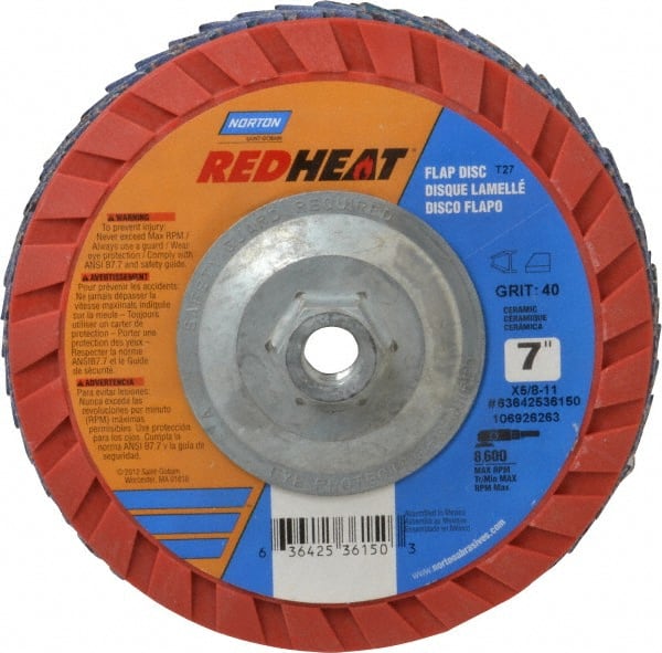 Norton - 40 Grit, 7" Disc Diam, 5/8-11 Center Hole, Type 27 Ceramic Flap Disc - 8,600 Max RPM, Plastic Backing, Arbor Attaching System, Coated - Exact Tooling