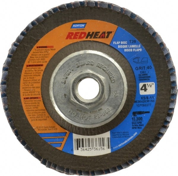 Norton - 40 Grit, 4-1/2" Disc Diam, 5/8-11 Center Hole, Type 29 Ceramic Flap Disc - 13,000 Max RPM, Fiberglass Backing, Arbor Attaching System, Coated - Exact Tooling