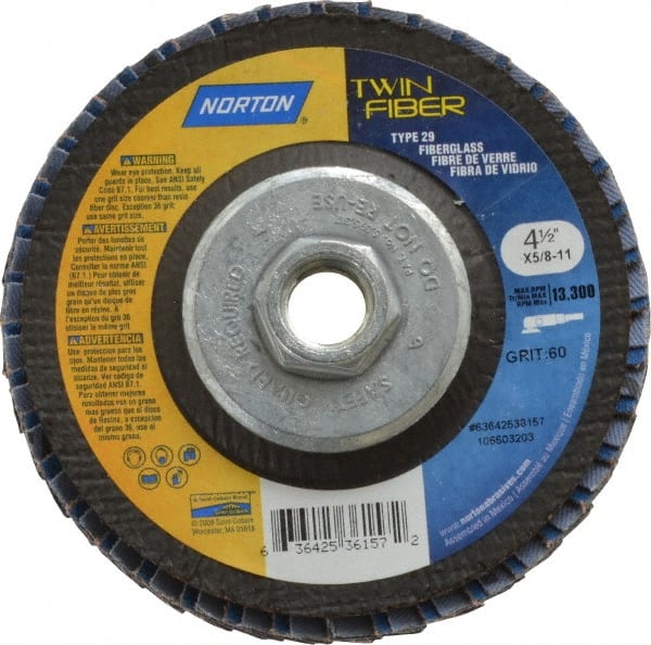 Norton - 60 Grit, 4-1/2" Disc Diam, 5/8-11 Center Hole, Type 29 Ceramic Flap Disc - 13,000 Max RPM, Fiberglass Backing, Arbor Attaching System, Coated - Exact Tooling