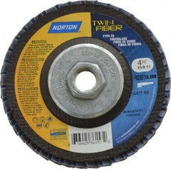 Norton - 60 Grit, 4-1/2" Disc Diam, 5/8-11 Center Hole, Type 29 Ceramic Flap Disc - 13,000 Max RPM, Fiberglass Backing, Arbor Attaching System, Coated - Exact Tooling